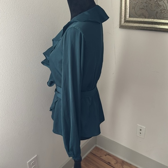 Max Studio forest green ruffle front v cleavage long balloon sleeves satin top S - Picture 2 of 6